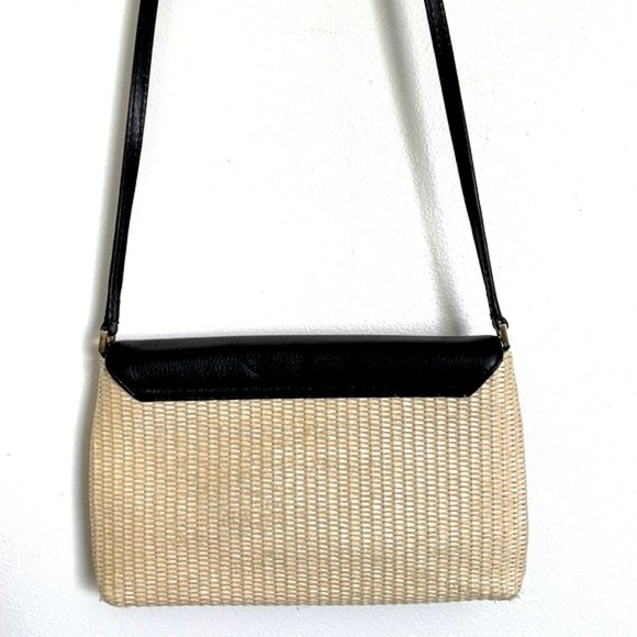 Kate Spade Loula Houston Street Crossbody Purse Bag Black Leather/ Straw - Picture 3 of 9